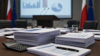 Stos dokumentów budżetowych i kalkulator na stole podczas rządowej prezentacji