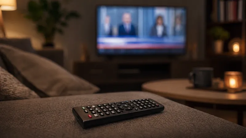 Pilot do telewizora leżący na kanapie przed rozmytym serwisem informacyjnym