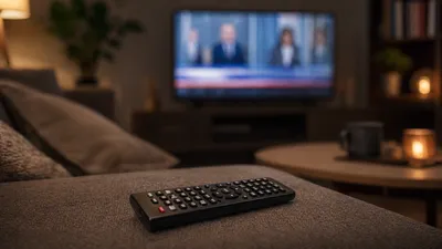 Pilot do telewizora leżący na kanapie przed rozmytym serwisem informacyjnym