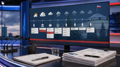 Ekran studyjny z polityczną prognozą dnia i ikonami wydarzeń