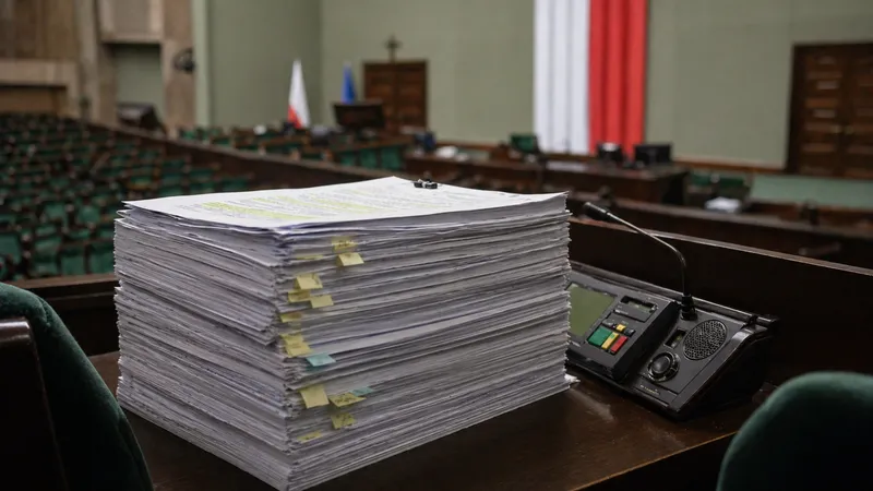 Ogromny stos dokumentów ustawowych leży na sejmowym pulpicie